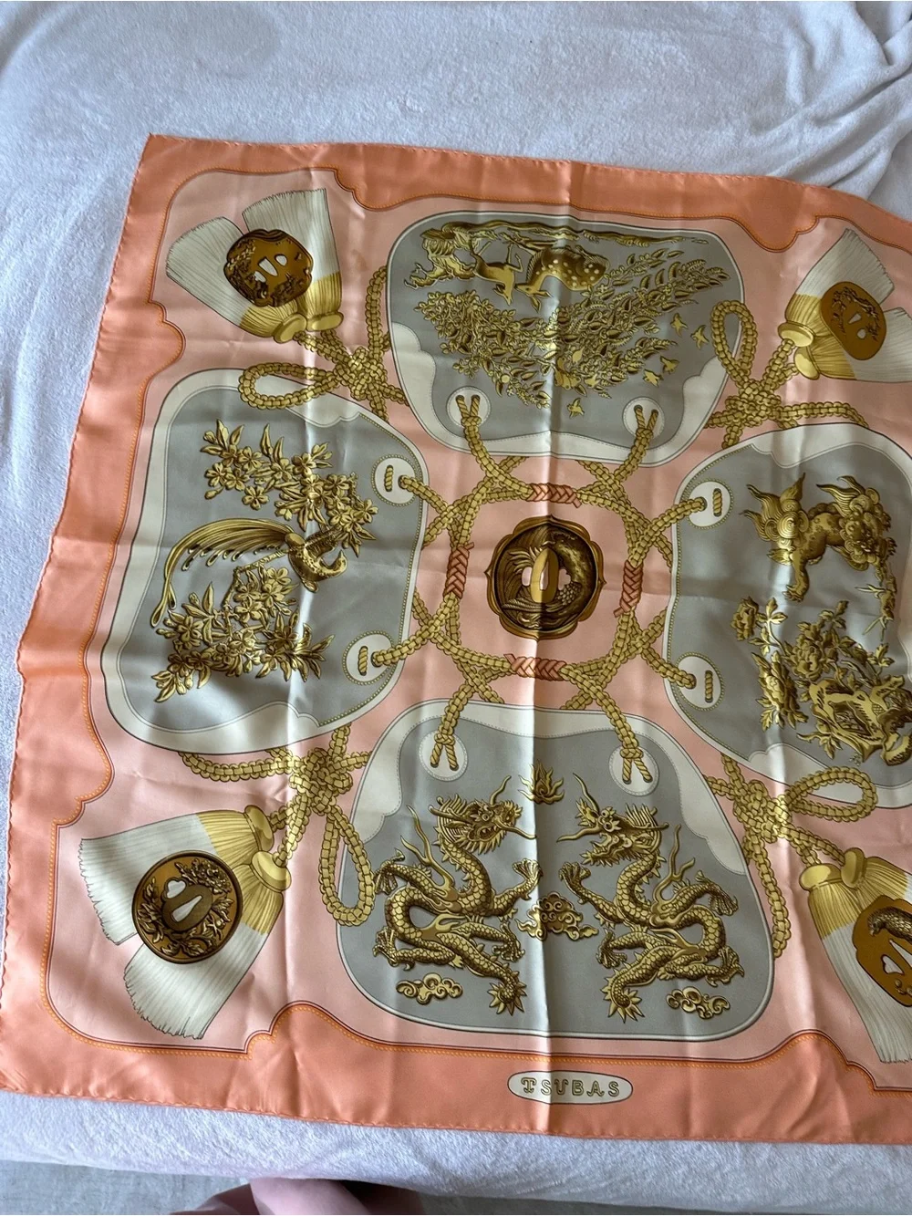 Hermes Peach and Gold Silk Scarf with Ornate Dragon Panels - Picture 7 of 16